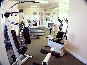 Exercise room looking toward central entertainment room entrance
