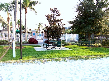 Beach volleybal and picnic table with swimming pool in background