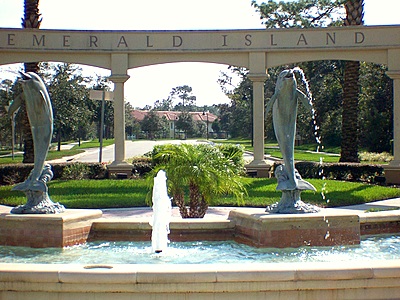 View from main security gate across dolphin fountain