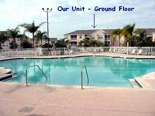 View of K's Butterfly condo building from clubhouse across pool